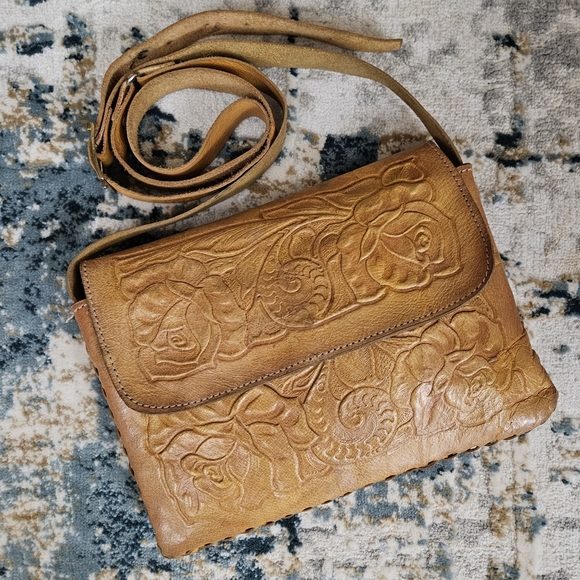 Vintage Handbags - Vintage Leather Tooled Purse Rose Mexico Southwestern Crossbody Bag Western VTG